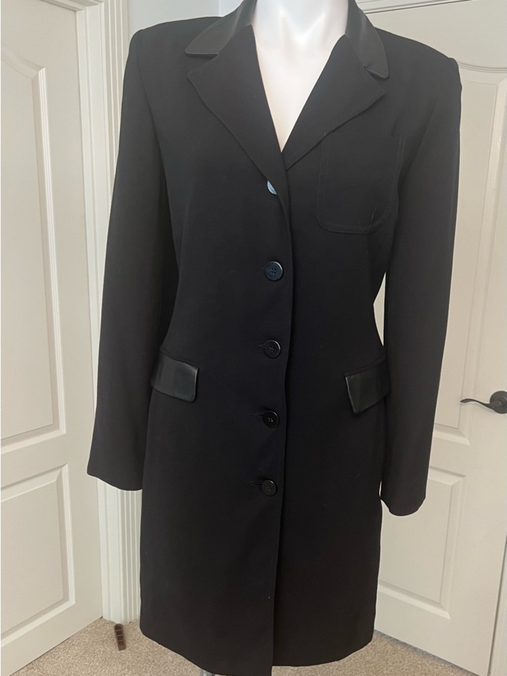 Hugo Buscati Collection Black Long  Coat Dress or long Blazer with Leather Trim